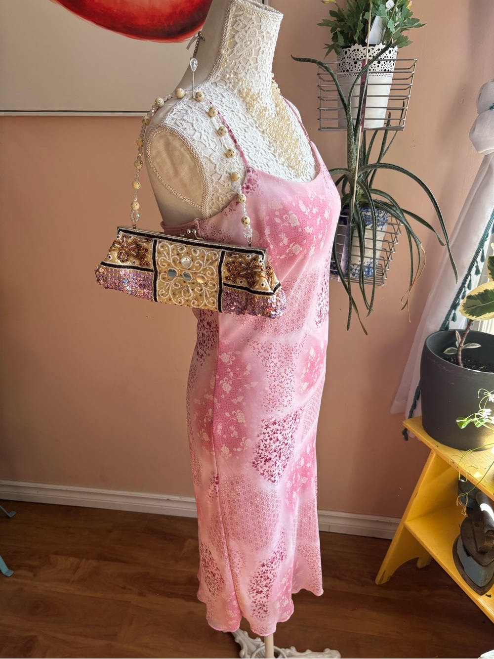 Vintage Pink Floral Slip Dress with Spaghetti Straps - Picture 5 of 15